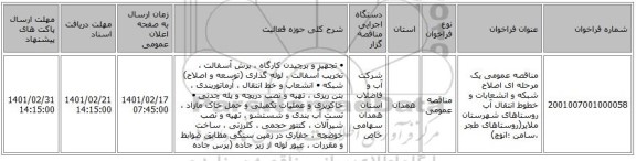 مناقصه، مناقصه عمومی یک مرحله ای اصلاح شبکه و انشعابات و خطوط انتقال آب روستاهای  شهرستان ملایر(روستاهای طجر ،سامن ؛انوچ)