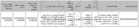 مناقصه، مناقصه عمومی همزمان با ارزیابی (فشرده) دو مرحله ای عملیات بهره برداری، نگهداری و تعمیرات شبکه های آبیاری و زهکشی استان فارس