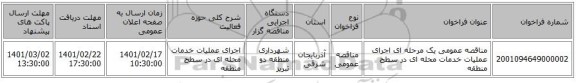 مناقصه، مناقصه عمومی یک مرحله ای اجرای عملیات خدمات محله ای در سطح منطقه 