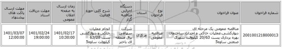 مناقصه، مناقصه عمومی یک مرحله ای دیوارکشی،عملیات خاکی و احداث ساختمان بهره برداری پست 20/63 کیلوولت شهرک صنعتی ساوه5