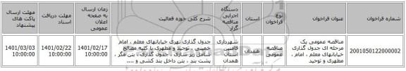 مناقصه، مناقصه عمومی یک مرحله ای جدول گذاری خیابانهای معلم ، امام ، مطهری و توحید