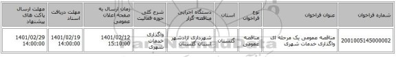 مناقصه، مناقصه عمومی یک مرحله ای واگذاری خدمات شهری 