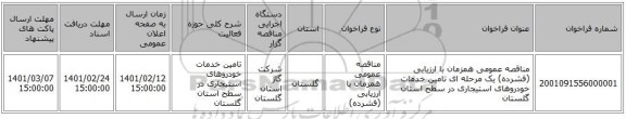 مناقصه، مناقصه عمومی همزمان با ارزیابی (فشرده) یک مرحله ای تامین خدمات خودروهای استیجاری در سطح استان گلستان