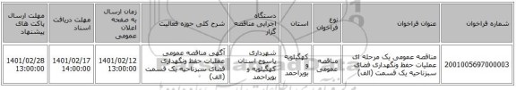 مناقصه، مناقصه عمومی یک مرحله ای عملیات حفظ ونگهداری فضای سبزناحیه یک قسمت (الف)