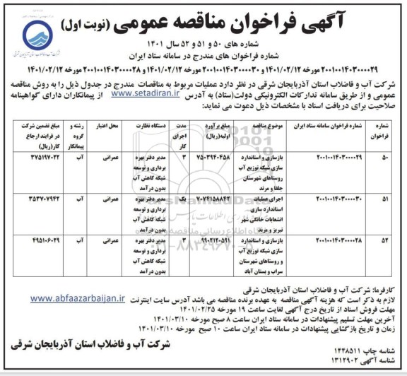 مناقصه، مناقصه عمومی بازسازی و استانداردسازی شبکه توزیع آب روستاهای...