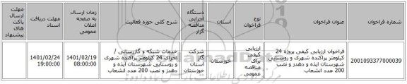 مناقصه، فراخوان ارزیابی کیفی پروژه 24 کیلومتر پراکنده شهری و روستایی شهرستان ایذه و دهدز و نصب 200 عدد انشعاب