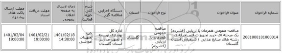 مناقصه، مناقصه عمومی همزمان با ارزیابی (فشرده) یک مرحله ای خرید تجهیزات فنی حرفه ی رشته های صنایع غذایی / شیمیایی استان گلستان 