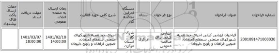 مناقصه، فراخوان ارزیابی کیفی  اجرای خط تغذیه شهرکهای صنعتی سمقاورکمیجان، خنجین فراهان و راونج دلیجان