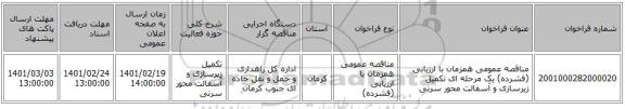 مناقصه، مناقصه عمومی همزمان با ارزیابی (فشرده) یک مرحله ای تکمیل زیرسازی و آسفالت محور سرنی