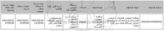 مناقصه، مناقصه عمومی همزمان با ارزیابی (فشرده) دو مرحله ای خریدتجهیزات کنترلی ایستگاه های تنش آبی مخازن            