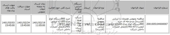 مناقصه، مناقصه عمومی همزمان با ارزیابی (فشرده) دو مرحله ای خرید 900دستگاه انواع چراغ LED (با ارزیابی کیفی) (07-1401)ازمحل اعتبارات داخلی شرکت