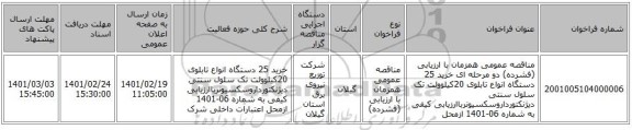 مناقصه، مناقصه عمومی همزمان با ارزیابی (فشرده) دو مرحله ای خرید 25 دستگاه انواع تابلوی 20کیلوولت تک سلول سنتی دیژنکتورداروسکسیونرباارزیابی کیفی به شماره 06-1401 ازمحل