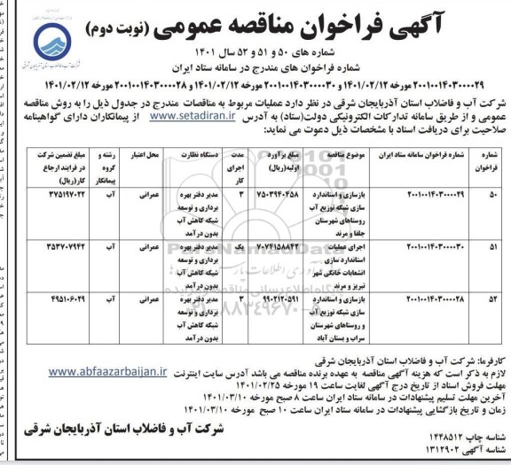 مناقصه، مناقصه عمومی بازسازی و استانداردسازی شبکه توزیع آب روستاهای...