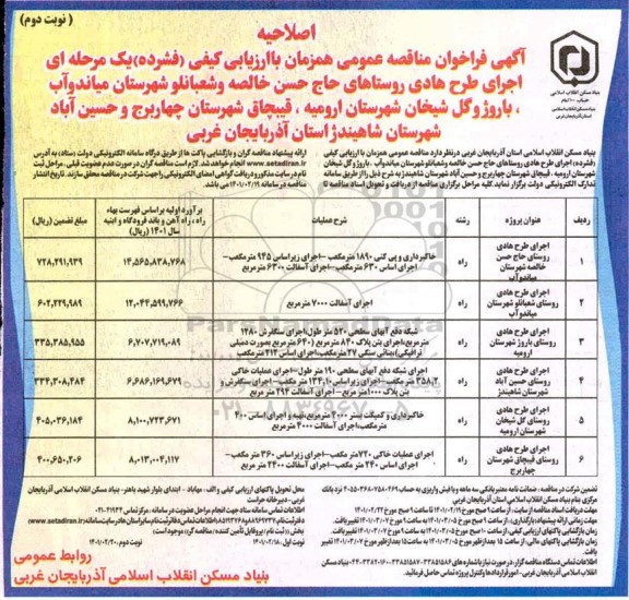 اصلاحیه فراخوان مناقصه اجرای طرح هادی روستاهای... - نوبت دوم 