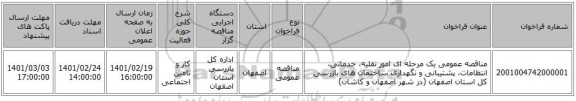 مناقصه، مناقصه عمومی یک مرحله ای امور نقلیه، خدماتی، انتظامات، پشتیبانی و نگهداری ساختمان های بازرسی کل استان اصفهان (در شهر اصفهان و کاشان)