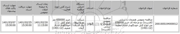 مناقصه، مناقصه عمومی همزمان با ارزیابی (فشرده) دو مرحله ای خرید 650000 متر انواع کابل خودنگهدار فشار ضعیف (12-1401)