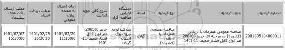 مناقصه، مناقصه عمومی همزمان با ارزیابی (فشرده) دو مرحله ای خرید 208500 متر انواع کابل فشار ضعیف 11-1401