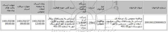 مناقصه، مناقصه عمومی یک مرحله ای آبرسانی به روستاهای ییلاق ، مرشون ، ارهان و الگزیر ، درسجین و آغور شهرستان ابهر35-401 