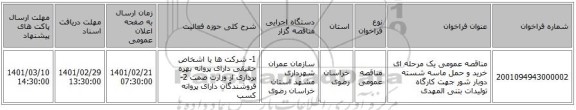 مناقصه، مناقصه عمومی یک مرحله ای خرید و حمل ماسه شسته دوبار شور جهت کارگاه تولیدات بتنی المهدی