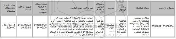 مناقصه، مناقصه عمومی همزمان با ارزیابی (فشرده) یک مرحله ای احداث پست 132/20 کیلوولت شهرک صنعتی تبادکان