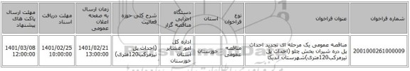 مناقصه، مناقصه عمومی یک مرحله ای تجدید احداث پل دره شیران بخش چلو (احداث پل تیرمرکب120متری)شهرستان اندیکا