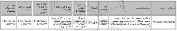 مناقصه، مناقصه عمومی یک مرحله ای تجدید مسیر شکافی جاده پشت سد شهید عباسپور(احداث پل دال بتنی)شهرستان اندیکا