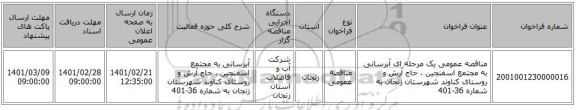 مناقصه، مناقصه عمومی یک مرحله ای آبرسانی به مجتمع اسفنجین ، حاج آرش و روستای کناوند شهرستان زنجان به شماره 36-401