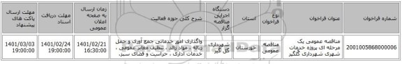 مناقصه، مناقصه عمومی یک مرحله ای پروژه خدمات شهری شهرداری گُلگیر