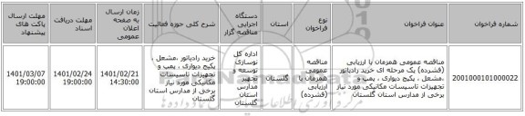 مناقصه، مناقصه عمومی همزمان با ارزیابی (فشرده) یک مرحله ای خرید رادیاتور ،مشعل ، پکیج دیواری ، پمپ و  تجهیزات تاسیسات مکانیکی مورد نیاز برخی از مدارس استان گلستان