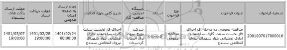 مناقصه عمومی دو مرحله ای اجرای فاز نخست سفت کاری ساختمان اداری عملیاتی بلوار شهدای نیروی انتظامی سنندج