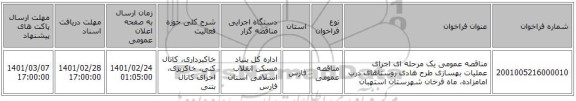 مناقصه عمومی یک مرحله ای اجرای عملیات بهسازی طرح هادی روستاهای درب امامزاده، ماه فرخان شهرستان استهبان