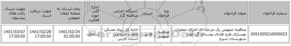 مناقصه عمومی یک مرحله ای اجرای عملیات بهسازی طرح هادی روستای گردخون شهرستان شیراز