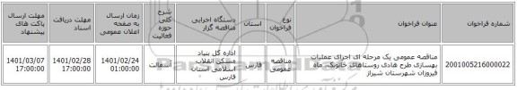 مناقصه عمومی یک مرحله ای اجرای عملیات بهسازی طرح هادی روستاهای خاتونک، ماه فیروزان شهرستان شیراز