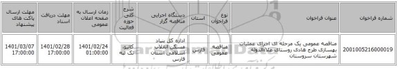 مناقصه عمومی یک مرحله ای اجرای عملیات بهسازی طرح هادی روستای علاءالدوله شهرستان سروستان