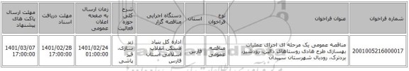 مناقصه عمومی یک مرحله ای اجرای عملیات بهسازی طرح هادی روستاهای دالین، رودشیر، بردترک، رودبال شهرستان سپیدان 