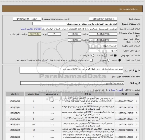 استعلام تهیه میز و مبلمان اداری طبق ایران کد و لیست کالاهای مورد نیاز