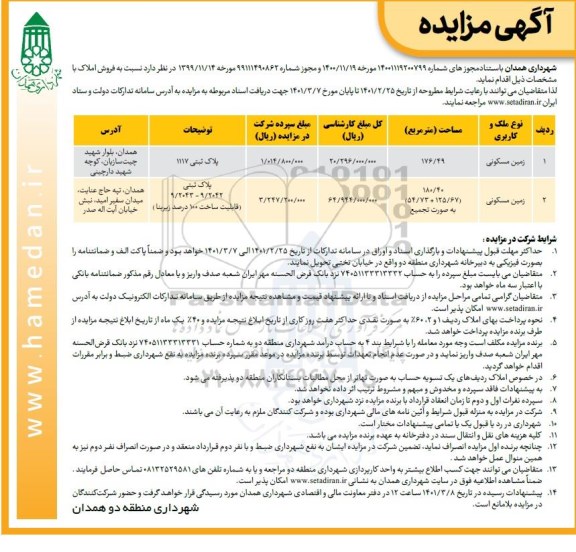 مزایده فروش 2 قطعه زمین مسکونی