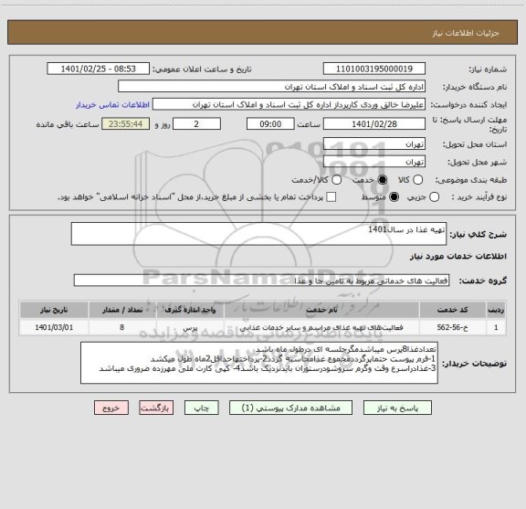 استعلام تهیه غذا در سال1401