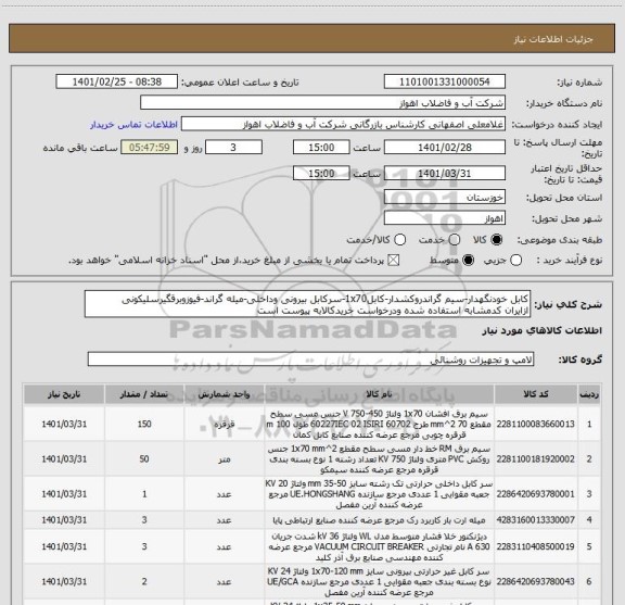 استعلام کابل خودنگهدار-سیم گراندروکشدار-کابل1x70-سرکابل بیرونی وداخلی-میله گراند-فیوزوبرقگیرسلیکونی
ازایران کدمشابه استفاده شده ودرخواست خریدکالابه پیوست است