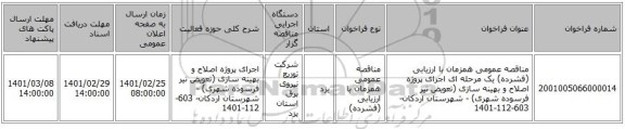 مناقصه عمومی همزمان با ارزیابی (فشرده) یک مرحله ای اجرای پروژه اصلاح و بهینه سازی (تعویض تیر فرسوده شهری) - شهرستان اردکان- 603-112-1401