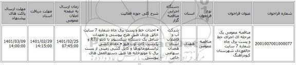 مناقصه عمومی یک مرحله ای اجرای خط و پست برق چاه شماره 7 سایت خالقوردی شهرستان کبودرآهنگ