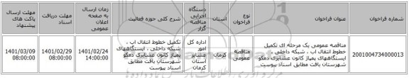 مناقصه عمومی یک مرحله ای تکمیل خطوط انتقال اب ، شبکه داخلی ، ایستگاههای پمپاژ کانون عشایری دمکو شهرستان بافت مطابق اسناد پیوست 