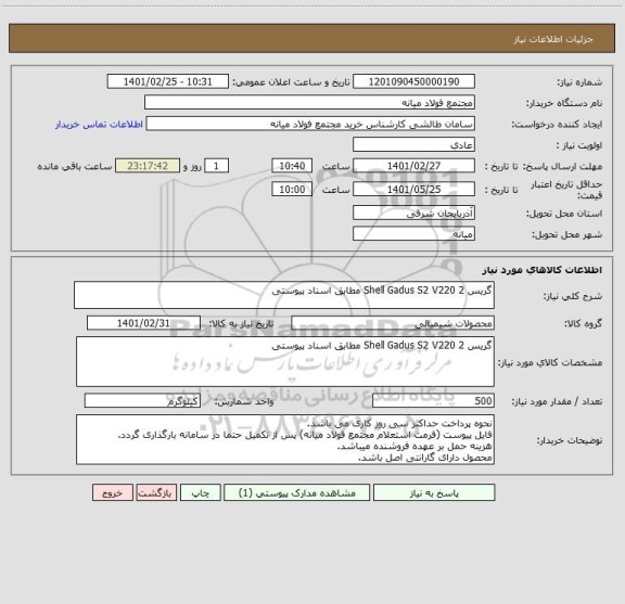 استعلام گریس Shell Gadus S2 V220 2 مطابق اسناد پیوستی