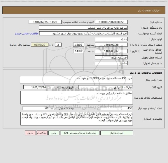 استعلام خرید 450 دستگاه ماژول مودم GPRS کنتور هوشمند