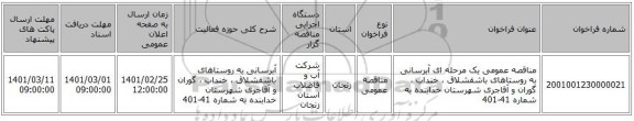 مناقصه عمومی یک مرحله ای آبرسانی به روستاهای باشقشلاق ، خنداب ، گوران و آقاجری شهرستان خدابنده به شماره 41-401