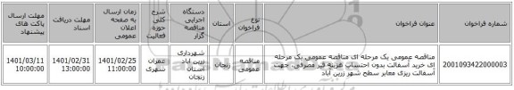 مناقصه عمومی یک مرحله ای مناقصه عمومی یک مرحله ای خرید آسفالت بدون احتساب هزینه قیر مصرفی، جهت آسفالت ریزی معابر سطح شهر زرین آباد