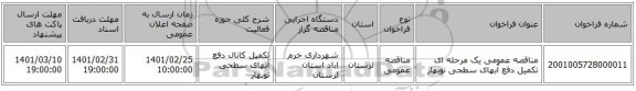 مناقصه عمومی یک مرحله ای تکمیل دفع آبهای سطحی نوبهار