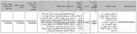 مناقصه عمومی دو مرحله ای تهیه مصالح واجرای عملیات نازک کاری 20 واحد مسکونی آپارتمانی بلوک B  محمدآباد به صورت کلید تحویل در قالب 1 بلوک 6 طبقه به مترا