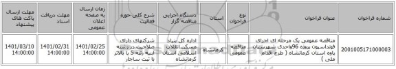 مناقصه عمومی یک مرحله ای اجرای فونداسیون پروژه 96واحدی شهرستان پاوه استان کرمانشاه ( طرح اقدام ملی )