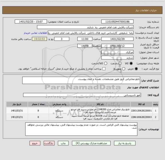 استعلام تابلو مخابراتی کروز طبق مشخصات، نقشه و ابعاد پیوست. 